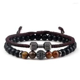 Strand 2pcs/Set Men Beaded Bracelet 6mm Charm Nature Onyx Stone Braided Dumbbell Hread Bracelets Women Barbell Fitness Jewelry