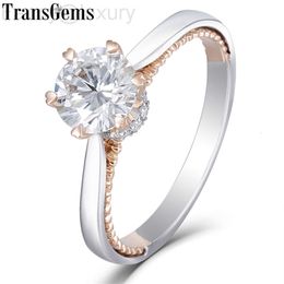 Transgems 14K White and Rose Gold 1ct 6.5mm Moissanite Engagement Ring for Women Wedding Solid Two Tones Ladies Ring Y200620