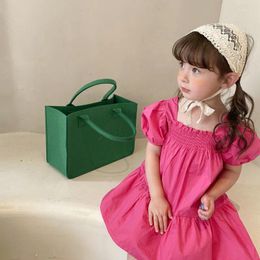 Girl Dresses Korean Summer A-line Dress Baby Girls Kids Clothes Puff Sleeve Open Back Pleated Boho Dreses Vestidos Ruffles 3 To 8 Years