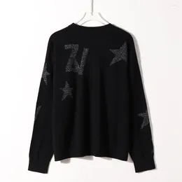 Women's Sweaters Women Letter Knit Sweater Black Dark Blue Cashmere Shiny Stars O Neck 2023 Early Autumn Female Casual Pullover