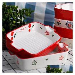 Dishes & Plates Plates Hand-Painted Stberry Cherry Baking Pan Under Glaze Creative Binaural Ceramic Baked Cheese Rice Drop Delivery Ho Dhnip