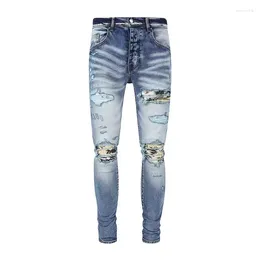 Men's Jeans High Street Fashion Men Retro Washed Blue Stretch Skinny Fit Buttons Ripped Patched Designer Hip Hop Brand Pants