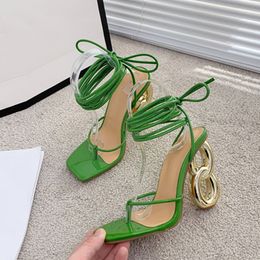 Fashion 4051F Green Liyke Cross Ankle Strap Women's Strange High Heels Sexy Sandals Summer Pinch Narrow Band Square Toe Party Shoe 230419