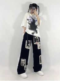 Men's Jeans Houzhou grunge punk retalhos jeans preto mulheres hip hop streetwear imprimir oversize calas de perna larga 90s calas da forma do vintage J230419