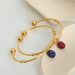 Bangle INS Trendy Stainless Steel Cuff Red Agate Lapis Natural Stone Charm Bracelet For Women Waterproof Jewelry Gift