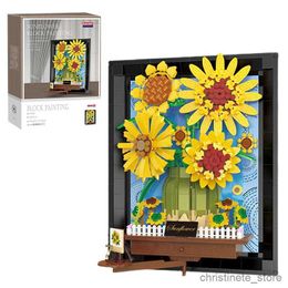 Blocks Creative Gogh Sunflower Painting Bouquet Building Blocks Sun Flower 3D Model Picture Frame Home Decoration Bricks Toys Gift