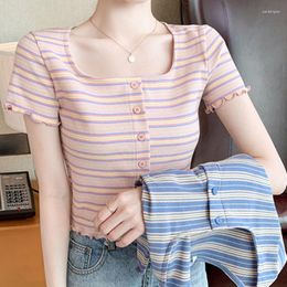 Women's T Shirts Sexy For Women Blusas Female Tops Square Collar Slim T-shirt 2023 Korean Clothing Blue Pink Stripe Short Sleeve 2837