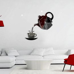 Wall Clocks Creative DIY Acrylic Coffee Cup Teapot Clock Mirror Effect 3D Decorative Living Room Home Decor Decal