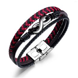 Charm Bracelets Genuine Leather Infinity Symbol Bangle Men Women Handmade Ethnic Tribal Layerd Wristbands Red Black