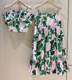 Work Dresses Crop Sets 2023 Summer Fashion 2 Piece Ladies Green Leaves Prints Ruffle Sexy Tops High Waist Long Maxi Skirts Suits