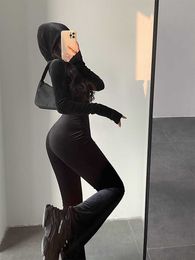 Women's Jumpsuits Rompers TVVOVVIN Fashion Black Velvet Slim Hooded Zipper Long Sleeve Flare Pants Jumpsuit Rompers Korean Sexy Hot Tops 2022 9P64 P230419