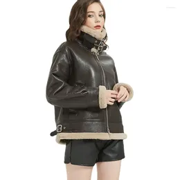 Women's Leather Real Lamb Wool Fur Coat Female 2023 Winter Genuine Motorcycle Jacket Brown Shearling Overcoat Women Clothing