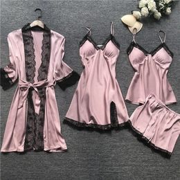 Womens Sleepwear Pyjama set satin Pyjamas silk 4 piece evening dress with lace sleep lounge chest pad gift 231120