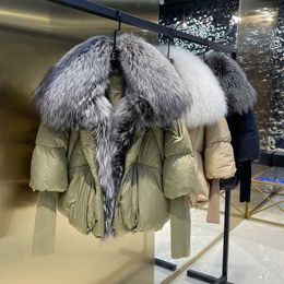 Winter Women Puffer Coat White Duck Down Jacket Super Large Real Silver Fox Fur Collar Fashion Female Parkas Outerwear