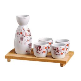 Red Plum Blossom Tree Japanese Sake Set Drinkware with Ceramic Tokkuri Bottle 4 Cups Bamboo Tray Asian Wine Gifts for Wedding Housewarming