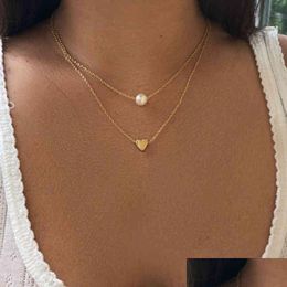 Pendant Necklaces New Bohemia Simple Fashion Imitation Pearl Love Heart Double Layer Clavicle Chain Necklace Accessories Fem Dhgarden Ot41N