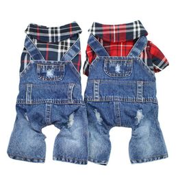 Dog Apparel Dog Cat Denim Plaid Jumpsuit Hoodie Pet Puppy Jean Jacket SpringAutumn Clothes Apparel 4 Colours 230419