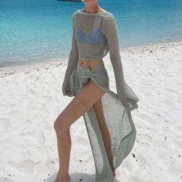 Cover-ups Yiiciovy Women Summer 2PCS Beachwear Bikini Cover-Ups Sexy Long Sleeve Knitted Hollow Crop Tops Split Long Skirt Crocheted Set 230419