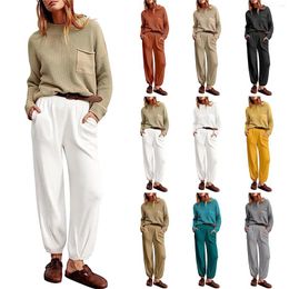 Women's Two Piece Pants Womens 2023 Fall Outfit Long Sleeve V Neck Pullover Tops And Tan Suit Lace Panel Jumpsuit Drum