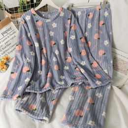 Women's Two Piece Pants Women Pyjama Sets Autumn Winter Flannel Cartoon Warm Pyjamas Sweet Sleepwear Fruit Print Cute Female Fashion Girls