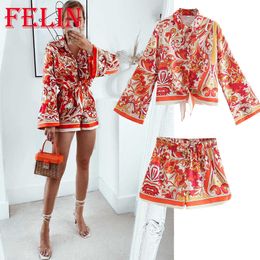 Women's Tracksuits TRAF 2023 Women Indie Folk Red Floral Summer Sets 2 Pieces Long Sleeve V Neck Mujer Cropped Tops and High Waist Wide Leg Shorts P230419