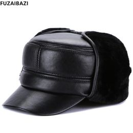 Wide Brim Hats FUZAIBAZI Fashion Middle-Aged Genuine Leather Hat Winter Earmuffs Thermal Sheepskin Military Thicken Velvet Flat Cap