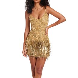 Sexy Slim Fit Deep V Neck Suspenders Dress Women Elegant Glitter Gold Sequins Splice Tassels Hem Gown Ladies Performance Dressy