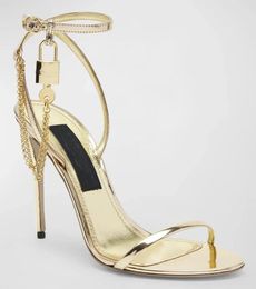 Perfect Nice Brand Calfskin Sandals Shoes Charm-embellished Chain Gold Black Patent Leather High Heels Party Dress Wedding Gladiator Sandalias EU35-43