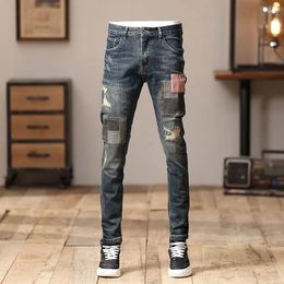 Men's Jeans 2023 Fashion Autumn Embroidery Patch Pattern Korean Elastic Feet Pants Ripped Men Skinny Clothing