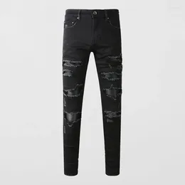 Men's Jeans Street Fashion Men Black Stretch Skinny Fit Ripped Punk Trousers Leather Patched Designer Hip Hop Brand Pants