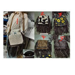 Vintage fringe sunflower crossbody bag plaid style cover shoulder purse Cow cover Messenger Bag Retro Shoulder PU tassel leopard handbag