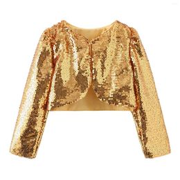 Jackets Children Stage Performance Flower Girls Shrug Shiny Sequins Long Sleeve Cropped Blazer Bolero Cardigan Top Short