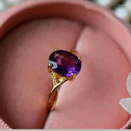 Cluster Rings Creative Design Inlaid Amethyst Oval Adjustable For Women Light Luxury Exquisite Party Anniversary Jewellery
