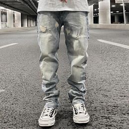 Men's Jeans Ripped Hole Distressed Black Blue Washed Straight Casual Baggy Pockets Pencil Pants Streetwear Loose Denim Trousers