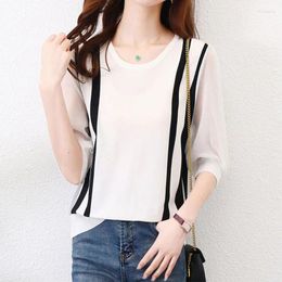 Women's T Shirts Elegant Striped Patchwork Thin Knit Shirt Women Summer Korean Casual O Neck Black White All-match Pullover Top Female