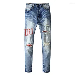 Men's Jeans Street Fashion Men Retro Washed Blue Stretch Skinny Fit Ripped Red Leather Patched Designer Hip Hop Brand Pants