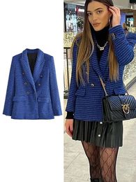 Women s Jackets clothing autumn and winter women s fashion tweed double breasted blazer retro long sleeved flap pockets jacket vest 231120