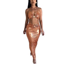 Fashion U shaped Ring Splicing Dress Female Sexy Hollow Out Slim Suspenders Dressy Women s Glossy Leather Spandex Gown Nightclub