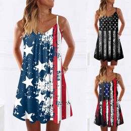 Casual Dresses Independence Day For Women's American 4 Of July Printed Boho Sundress Women Summer Dress Olive Shirt