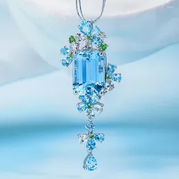 Pendant Necklaces Cute Silver Plated Blue Flower Zircon For Women Shine CZ Stone Inlay Fashion Jewelry Link Chain Party Gift