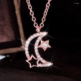 Pendant Necklaces Trendy Rose Gold Plated Star Moon For Women White CZ Stone Inlay Fashion Jewellery Daily Wear Party Gifts