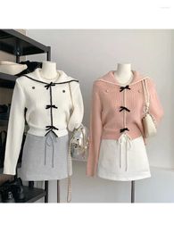 Women's Knits Korean Sweet Mori Girl Knitted Cardigans Bow Single Breasted Sailor Collar Cosy Sweater Fashion Chic Casual Baggy Outerwear