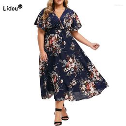 Plus Size Dresses V-Neck Shirring Elastic Waist Summer Clothes For Women Casual Floral Printing Short Sleeve Basic Pullover Midi Dress