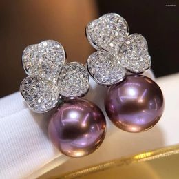 Stud Earrings M131 Solid 925 Sterling Silver Round 10-11mm Nature Fresh Water Purple Pearls Studs For Women Fine Birthday Gifts