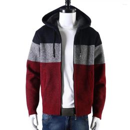 Men's Sweaters Zipper Closure Men Jacket Colorblock Knitted Hooded Sweater Warm Stylish Cozy Mid-length Cardigan Coat For Winter