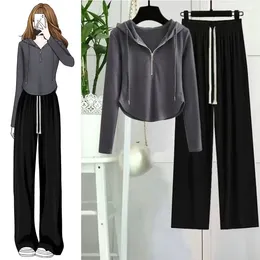 Women's Pants T Shirt Wide Leg Pant Sets Long Sleeve Two Piece Set For Women Outfit Korean Tracksuit 2023 Fall Autumn Zipper Hooded Suit