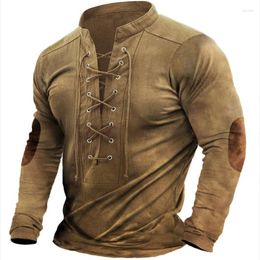 Men's T Shirts Vintage Patchwork Oversize Shirt For Men Spring Autumn Long Sleeve Stand Collar Lace Up Sweatshirt Casual Loose Top