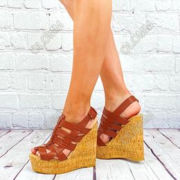 Olomm New Handmade Women Platform Sandals Hollow Gladiator Wedges Heels Open Toe Gorgeous Brown Casual Shoes Women US Size 5-20