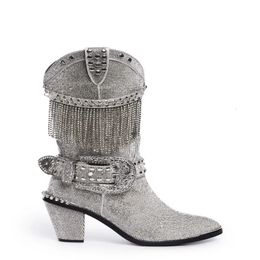 Boots Full Flash Diamond Tassel Silver Western British Style Straight Tube Thick Heeled Knight Motorcycle 231120