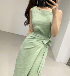 Casual Dresses Retro Sleeveless Cotton And Linen Women Dress Summer One-piece Slim Waist Lace-up Female Long Vestidos Femme Green 2023